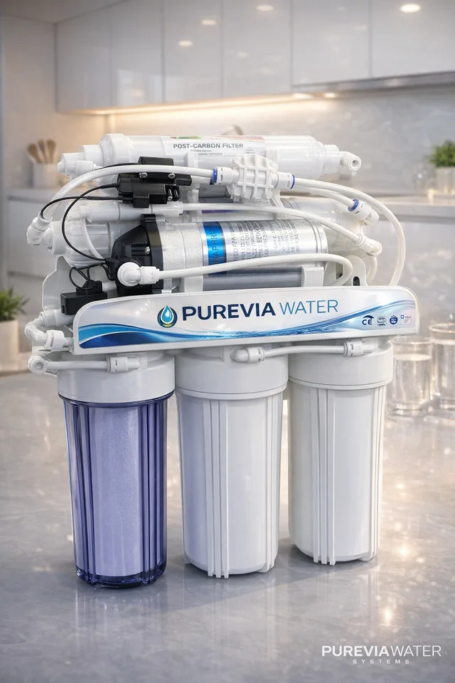 Purevia açık kasa ters ozmoz arıtma sistemi — membran ve filtre katmanları görünür